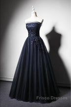 Navy Blue A-Line Tulle With Lace Scoop Long Formal Prom Dress, Navy Blue Evening Dress