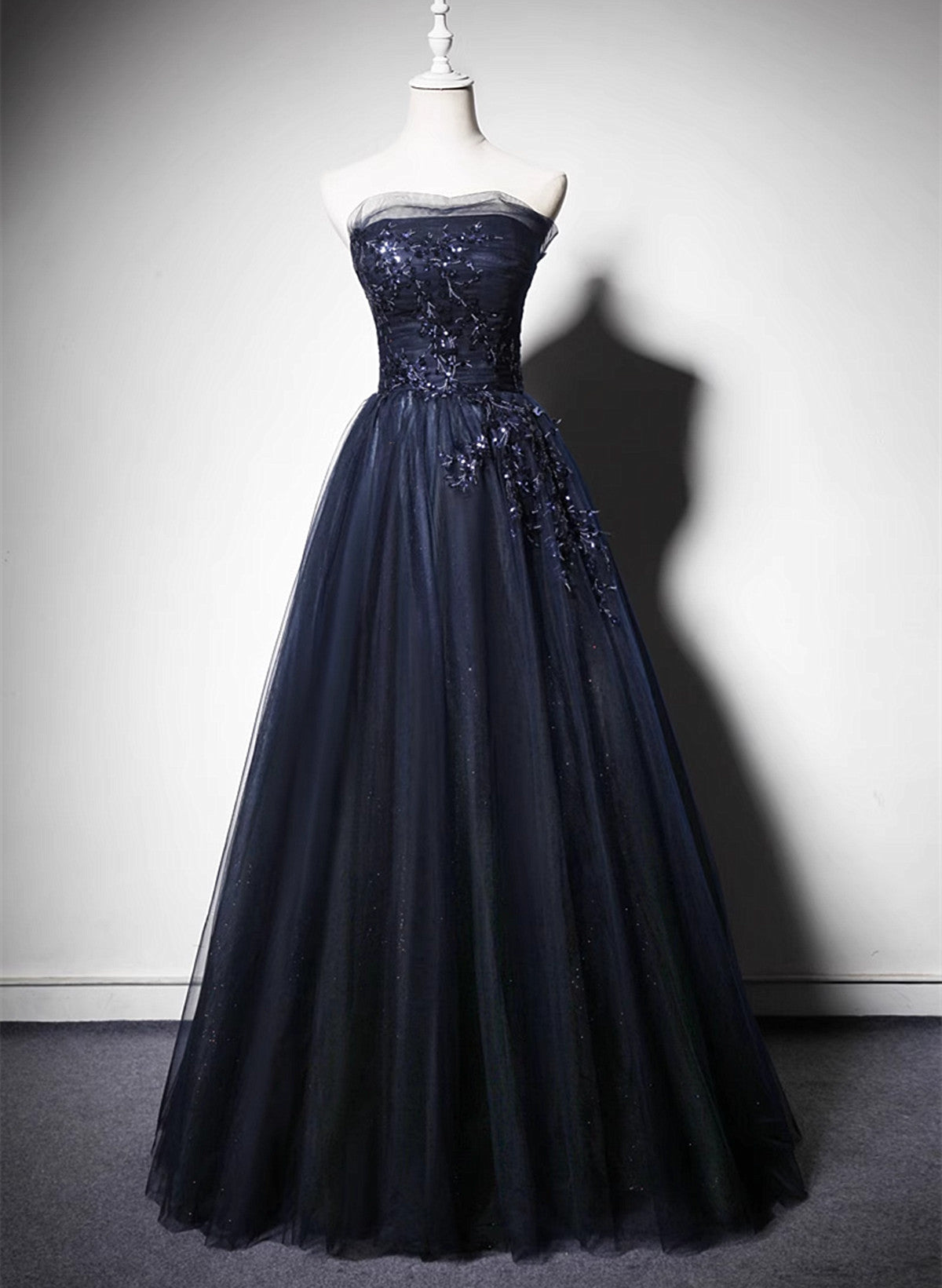 Navy Blue A-Line Tulle With Lace Scoop Long Prom Dress, Navy Blue Evening Dress Main image