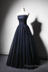 Navy Blue A-Line Tulle With Lace Scoop Long Formal Prom Dress, Navy Blue Evening Dress
