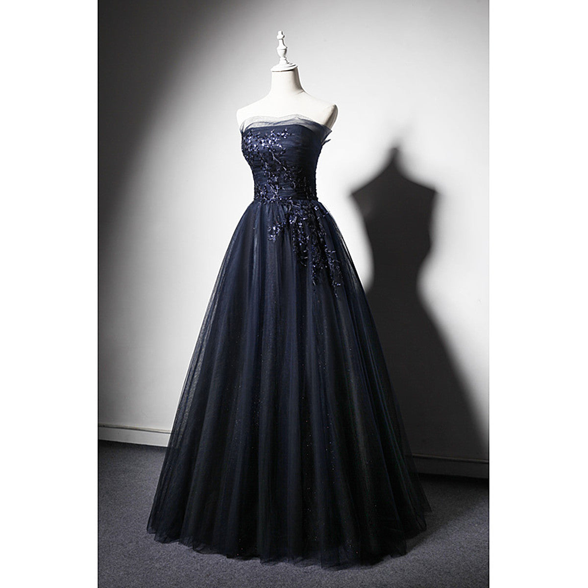 Navy Blue A-Line Tulle With Lace Scoop Long Prom Dress, Navy Blue Even