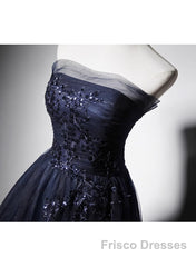 Navy Blue A-Line Tulle With Lace Scoop Long Formal Prom Dress, Navy Blue Evening Dress
