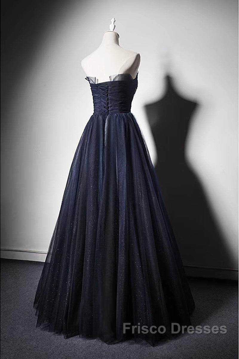 Navy Blue A-Line Tulle With Lace Scoop Long Formal Prom Dress, Navy Blue Evening Dress