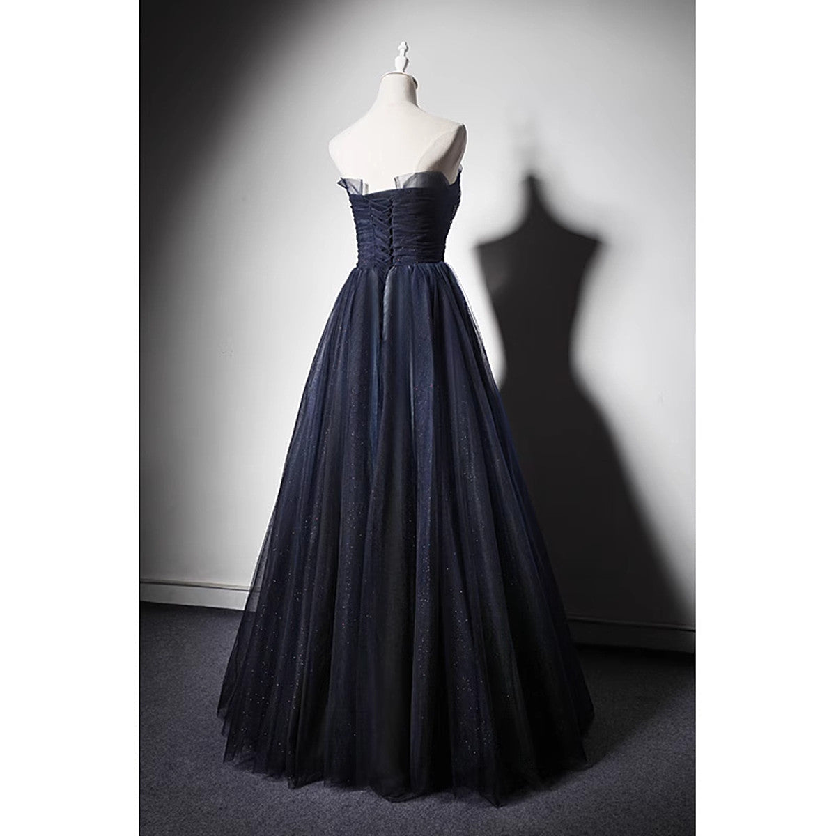 Navy Blue A-Line Tulle With Lace Scoop Long Prom Dress, Navy Blue Even