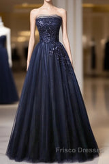 Navy Blue A-Line Tulle With Lace Scoop Long Formal Prom Dress, Navy Blue Evening Dress