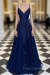 Navy Blue A-Line V-neck Floor-Length Chiffon Formal Prom Dress With Lace Sequins