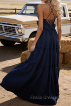 Navy Blue A-line V Neck Sleeveless Floor-Length Chiffon Prom Dress Long Prom Dresses Backless with Pleated Ruffles