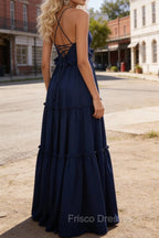Navy Blue A-line V Neck Sleeveless Floor-Length Chiffon Prom Dress Long Prom Dresses Backless with Pleated Ruffles