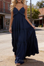 Navy Blue A-line V Neck Sleeveless Floor-Length Chiffon Prom Dress Long Prom Dresses Backless with Pleated Ruffles