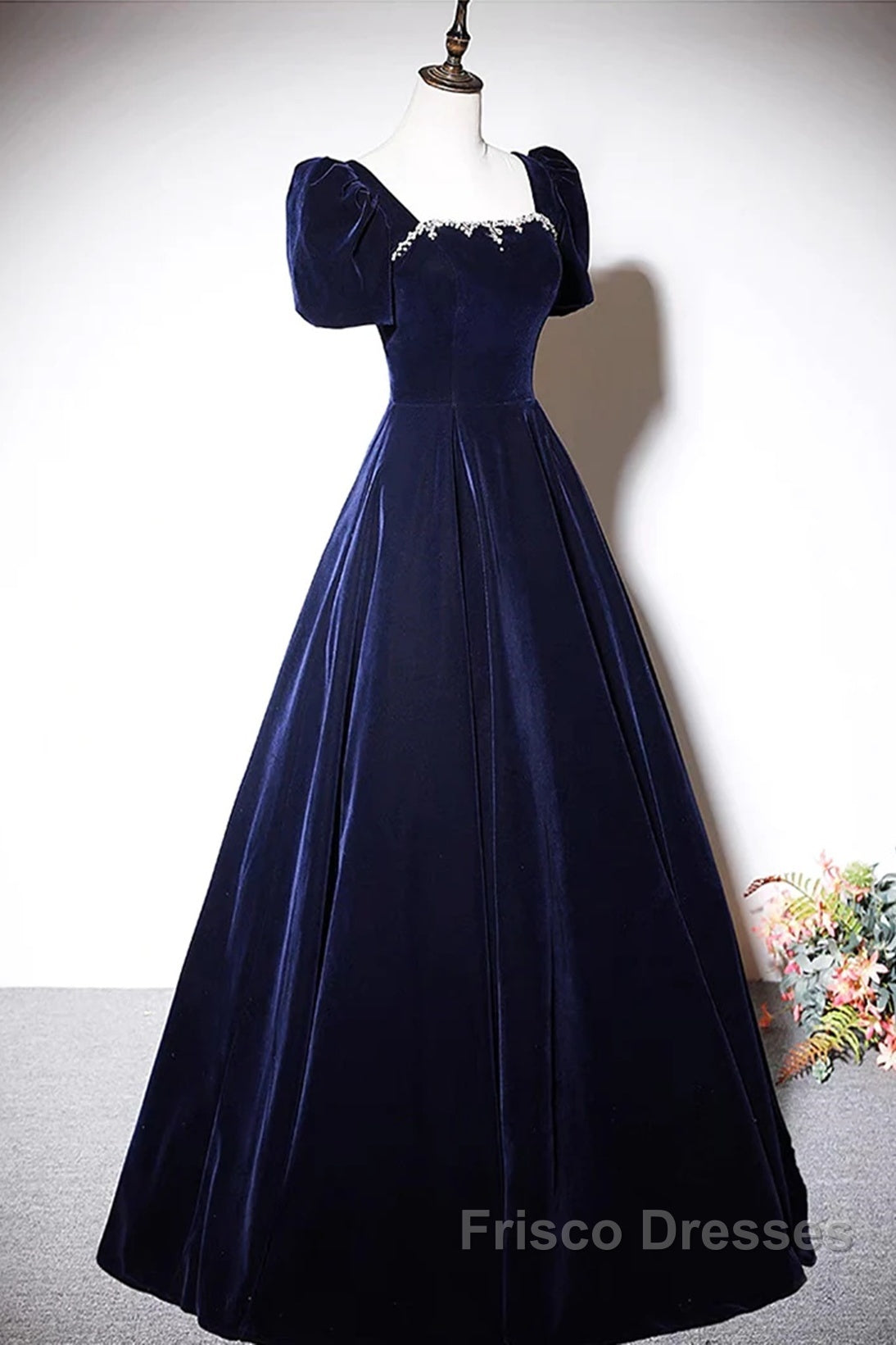 Navy Blue A-Line Velvet Long Evening Dress, Short Sleeves Beaded Formal Prom Dress