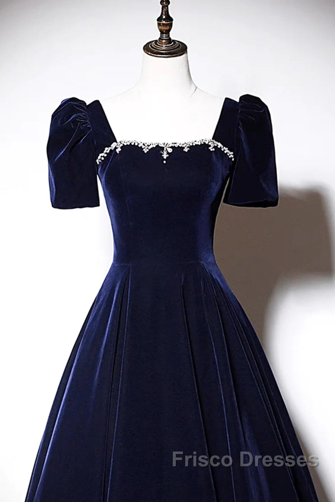 Navy Blue A-Line Velvet Long Evening Dress, Short Sleeves Beaded Formal Prom Dress