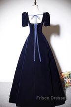 Navy Blue A-Line Velvet Long Evening Dress, Short Sleeves Beaded Formal Prom Dress