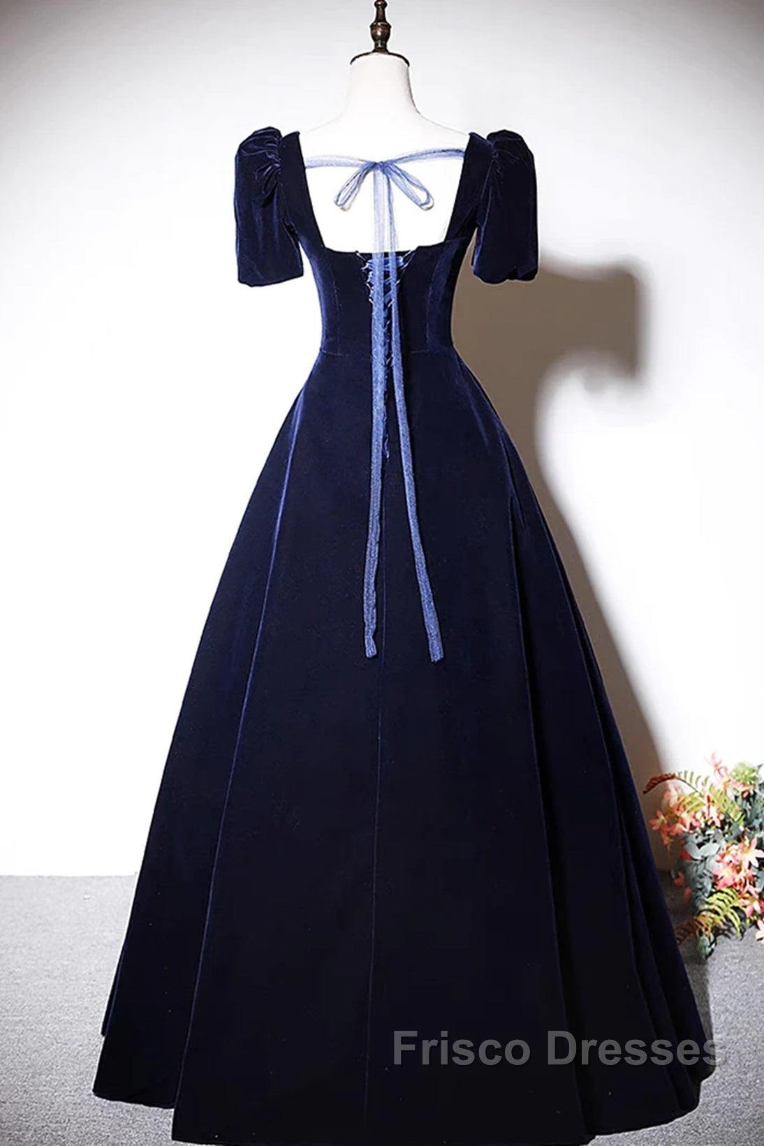Navy Blue A-Line Velvet Long Evening Dress, Short Sleeves Beaded Formal Prom Dress