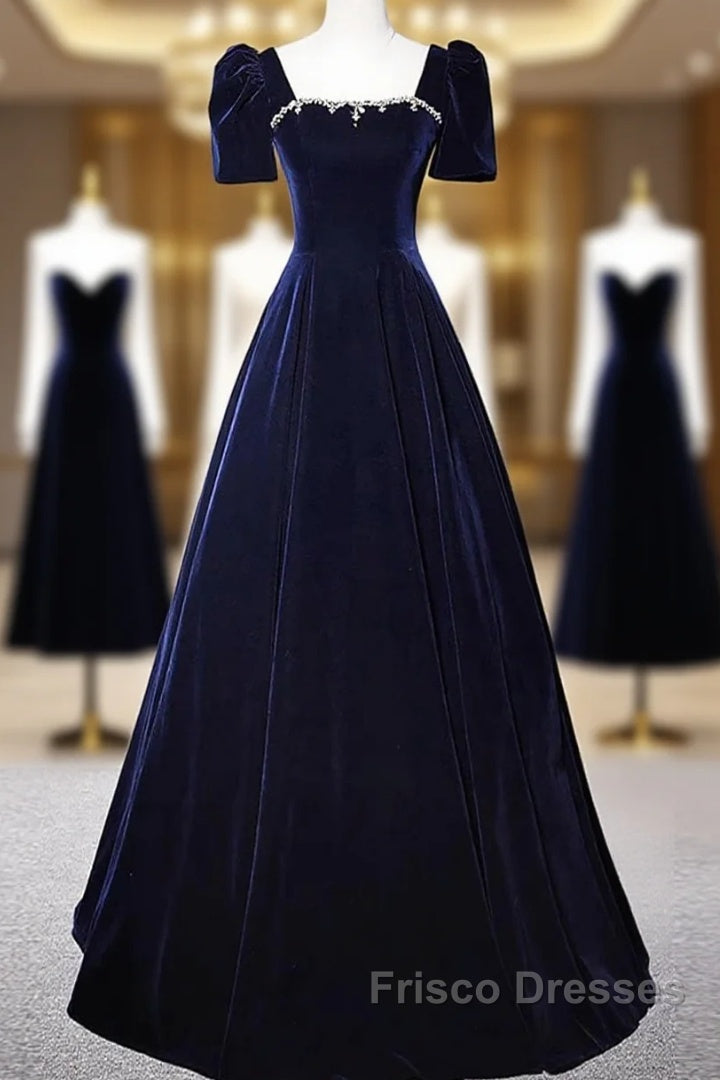 Navy Blue A-Line Velvet Long Evening Dress, Short Sleeves Beaded Formal Prom Dress Main image