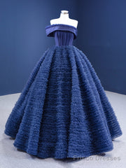 Navy Blue Ball Gown Tulle Strapless Prom Dress