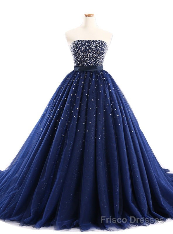 Navy Blue Ball Gown Tulle Sweetheart With Beaded Bodice Prom Dresses