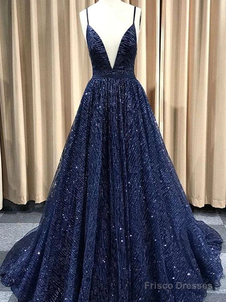 Navy Blue/Burgundy/Champagne Shiny A Line V Neck Prom Dresses Main image