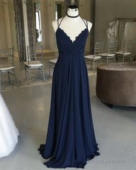 Navy Blue Chiffon Backless Bridesmaid Long Dresses Lace Appliques