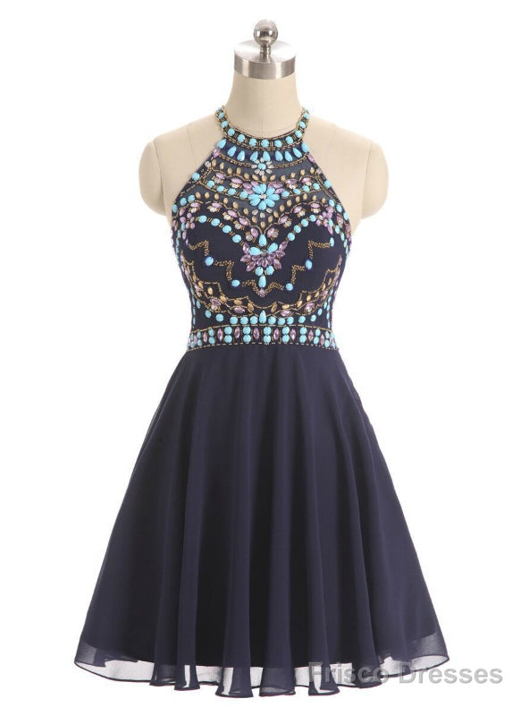 Navy Blue Chiffon Beading Halter Short Dress Main image