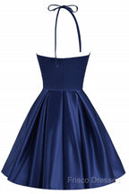 Navy Blue Cute Halter Satin Short Homecoming Dress, Blue Formal Prom Dress Party Dress