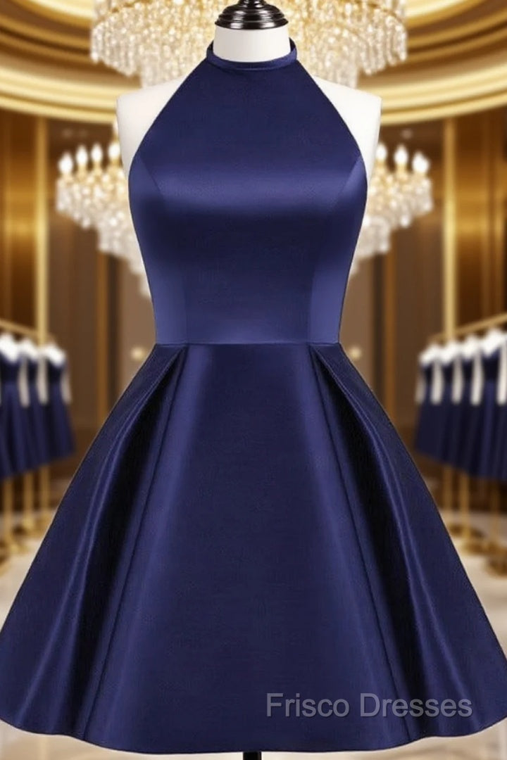 Navy Blue Cute Halter Satin Short Homecoming Dress, Blue Formal Prom Dress Party Dress Main image