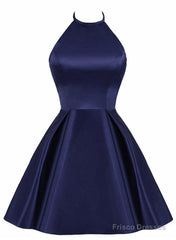 Navy Blue Cute Halter Satin Short Homecoming Dress, Blue Prom Dress Party Dress
