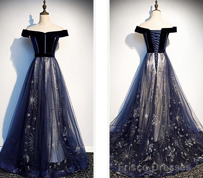 Navy Blue Floral Off Shoulder Velvet and Tulle Prom Dress, Blue Party Dress Formal Dress Secondary image