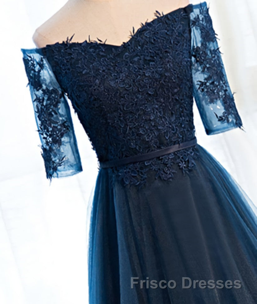 Navy Blue Half Sleeves Lace Long Formal Prom Dresses, Navy Blue Lace Formal Dresses Secondary image