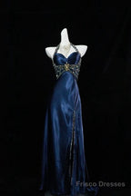 Navy Blue Halter Beaded Prom Dress Long Evening Dress