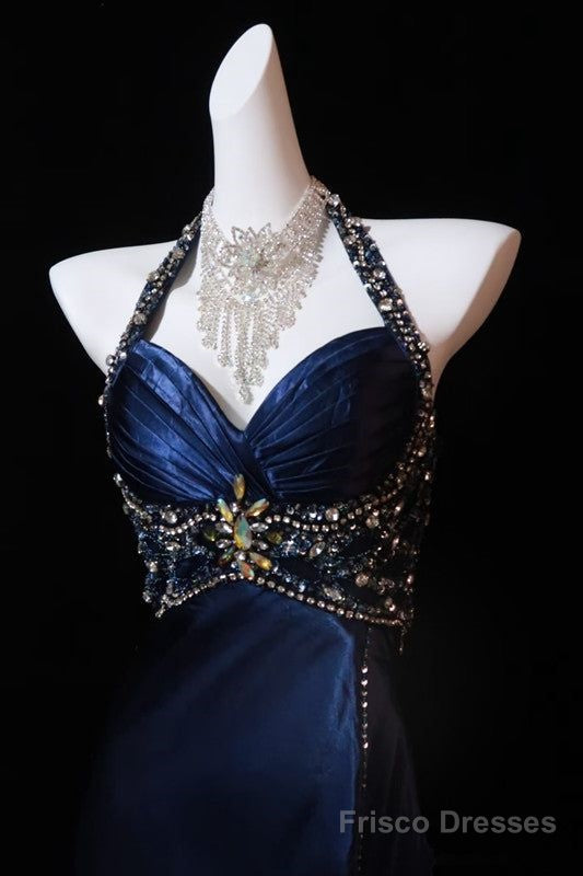 Navy Blue Halter Beaded Prom Dress Long Evening Dress – Frisco Dresses