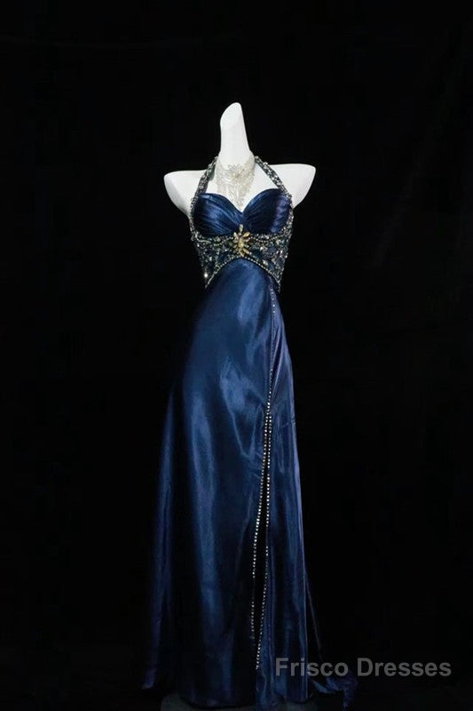 Navy Blue Halter Beaded Prom Dress Long Evening Dress Main image