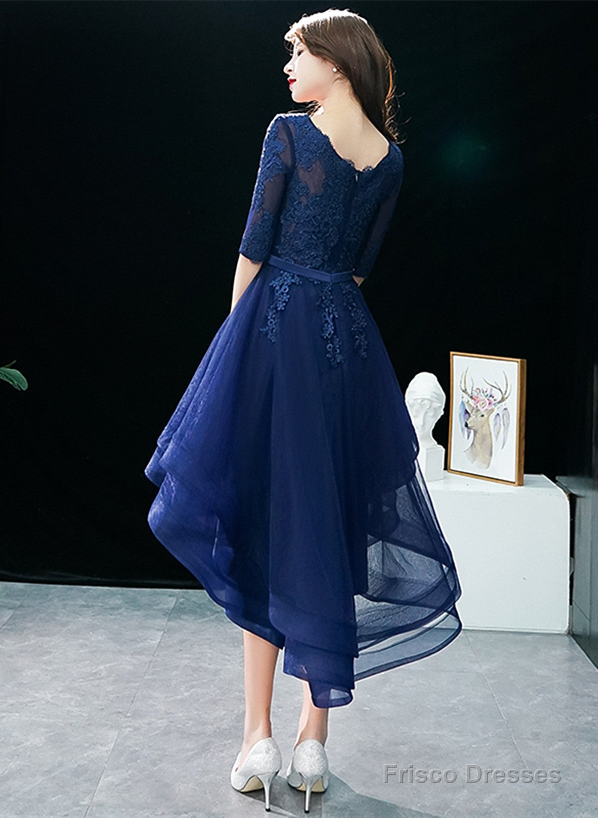Navy Blue High Low Tulle With Lace Party Dress, Blue Homecoming Dress Frisco Dresses Navy Blue High Low Tulle With Lace Party Dress, Blue Homecoming Dress Frisco Dresses