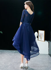 Navy Blue High Low Tulle With Lace Party Dress, Blue Homecoming Dress Prom Dress