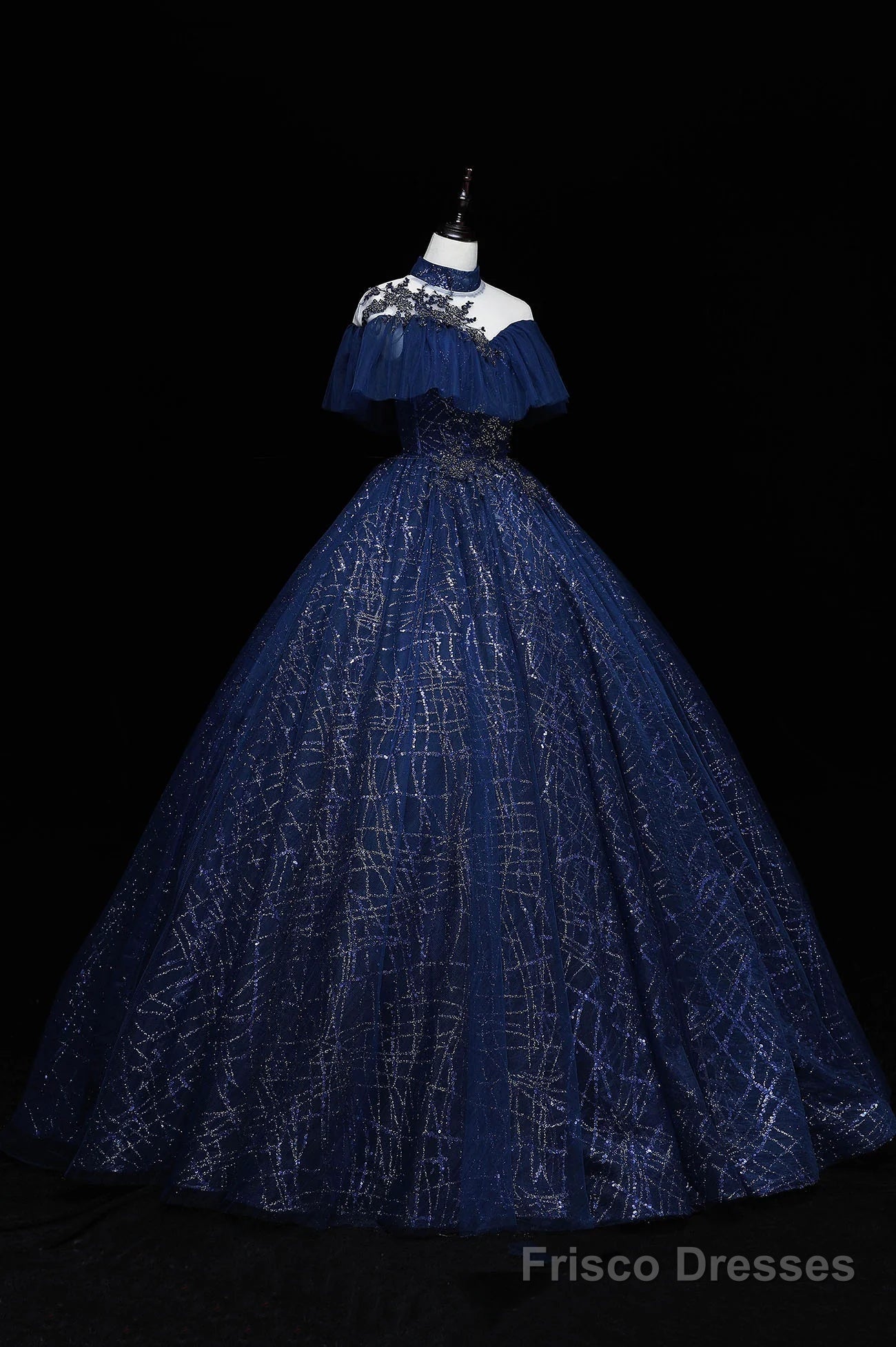 Navy Blue High Neckline Tulle with Lace Formal Dress, Navy Blue Ball Gown Sweet 16 Dress Main image