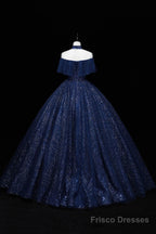 Navy Blue High Neckline Tulle with Lace Formal Dress, Navy Blue Ball Gown Sweet 16 Dress