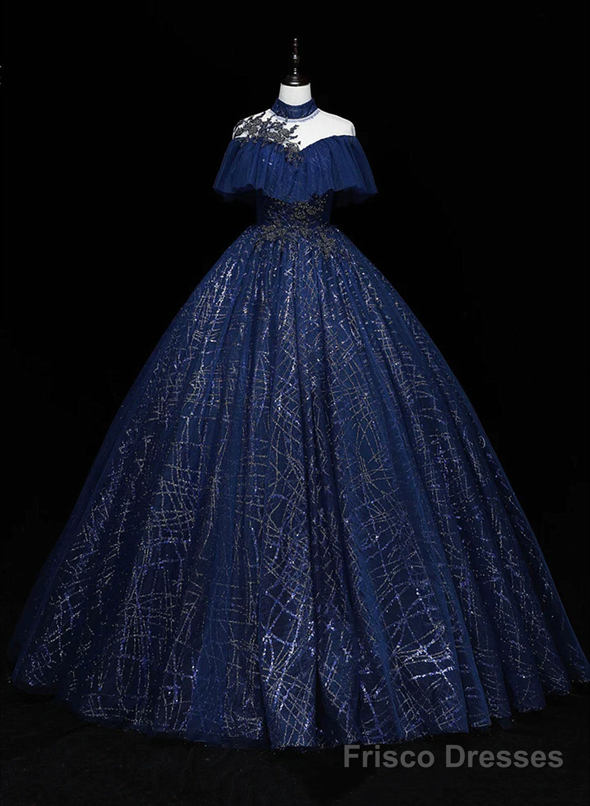 Navy Blue High Neckline Tulle with Lace Formal Dress, Navy Blue Ball Gown Sweet 16 Dress Secondary image