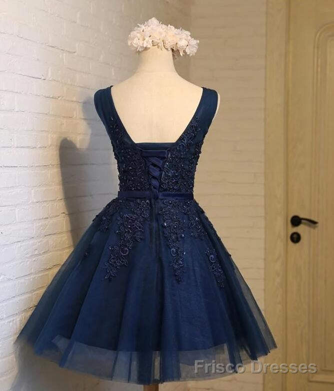 Navy Blue Knee Length Homecoming Dresses, V-neckline Short Formal Dresses Secondary image