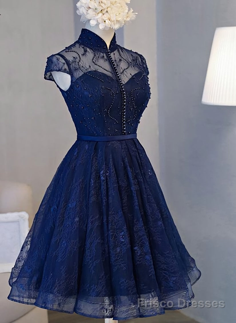 Navy Blue Knee Length Lace Party Dress, Homecoming Dress Main image