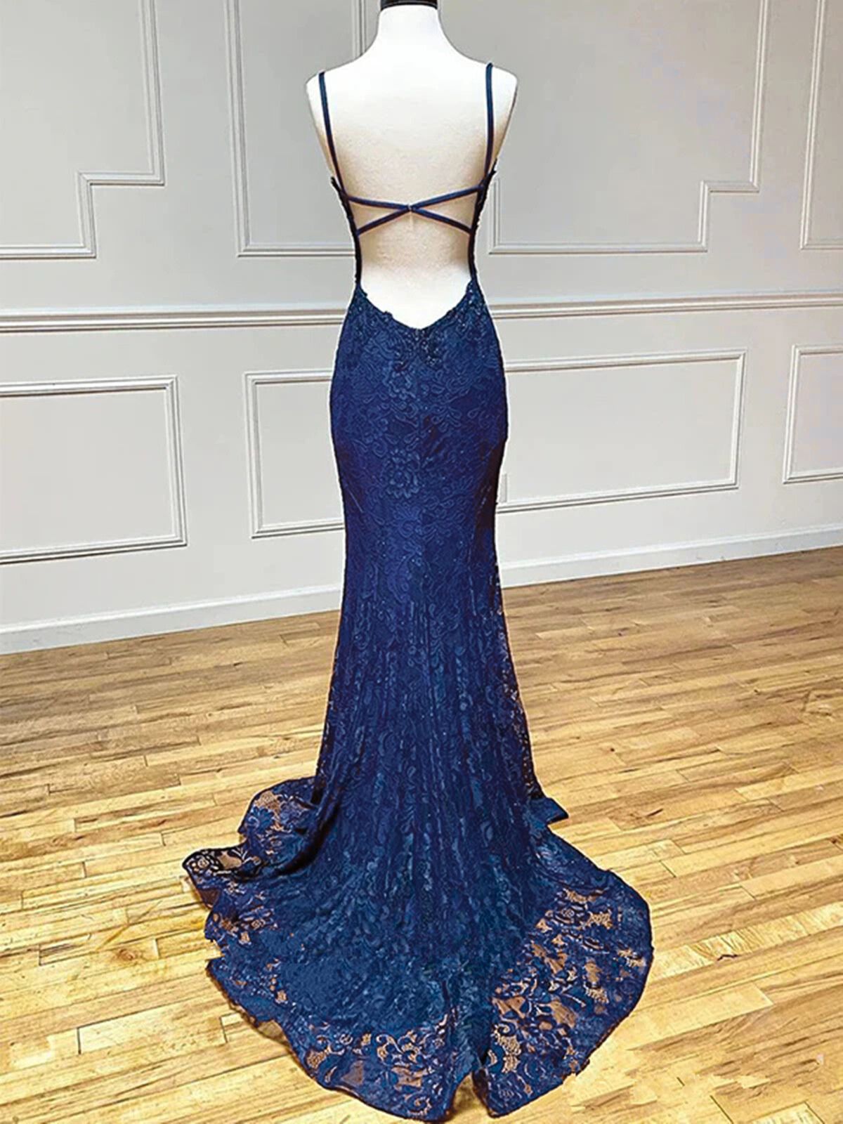 Navy Blue Lace Mermaid Straps Prom Dress With Side Slit, Navy Blue Lon