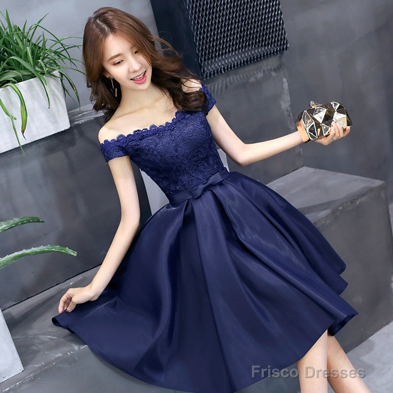Navy Blue Lace And Satin Off Shoulder Party Dress With Bow, Cute Homecoming Dresses