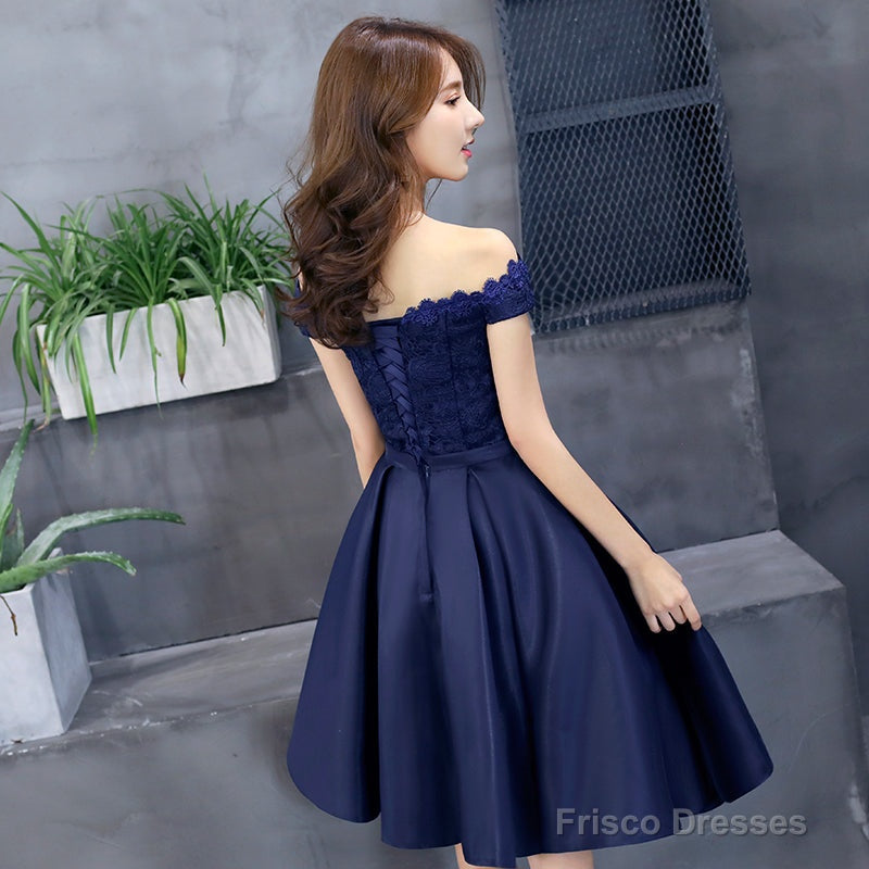 Navy Blue Lace And Satin Off Shoulder Party Dress With Bow, Cute Homecoming Dresses