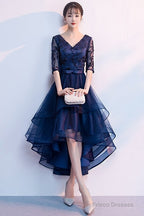 Navy Blue Lace And Tulle Layers V-Neckline High Low Party Dress, Blue Short Prom Dress