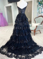 Navy Blue Lace And Tulle Sweetheart Long Formal Dress, Navy Blue Formal Prom Dress