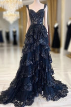 Navy Blue Lace And Tulle Sweetheart Long Formal Dress, Navy Blue Formal Prom Dress