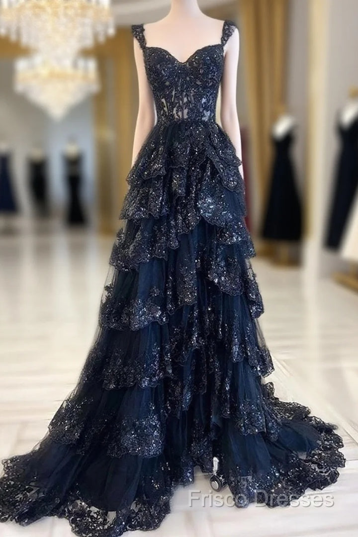 Navy Blue Lace And Tulle Sweetheart Long Formal Dress, Navy Blue Formal Prom Dress