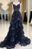 Navy Blue Lace And Tulle Sweetheart Long Formal Dress, Navy Blue Formal Prom Dress