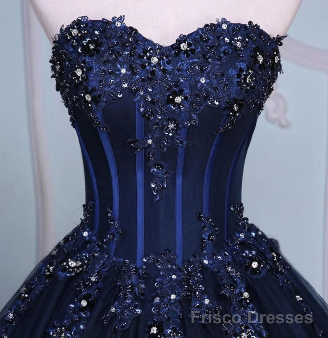 Navy Blue Lace Applique Tulle Long Party Dress, Blue Formal Gown