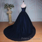 Navy Blue Lace Applique Tulle Long Party Dress Formal Gown Off Shoulder Floor Length Formal Prom Dress