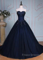 Navy Blue Lace Applique Tulle Long Party Dress Formal Gown Off Shoulder Floor Length Formal Prom Dress