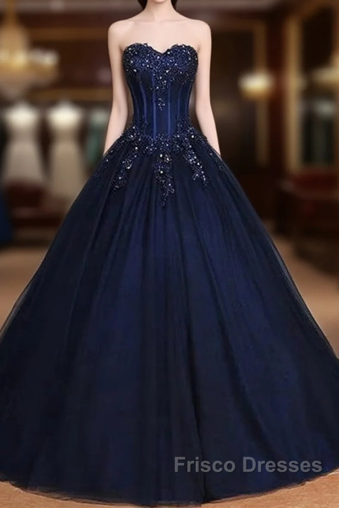 Navy Blue Lace Applique Tulle Long Party Dress Formal Gown Off Shoulder Floor Length Formal Prom Dress Main image