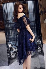 Navy Blue Lace High Low Party Dress Homecoming Dress, Navy Blue Prom Dress